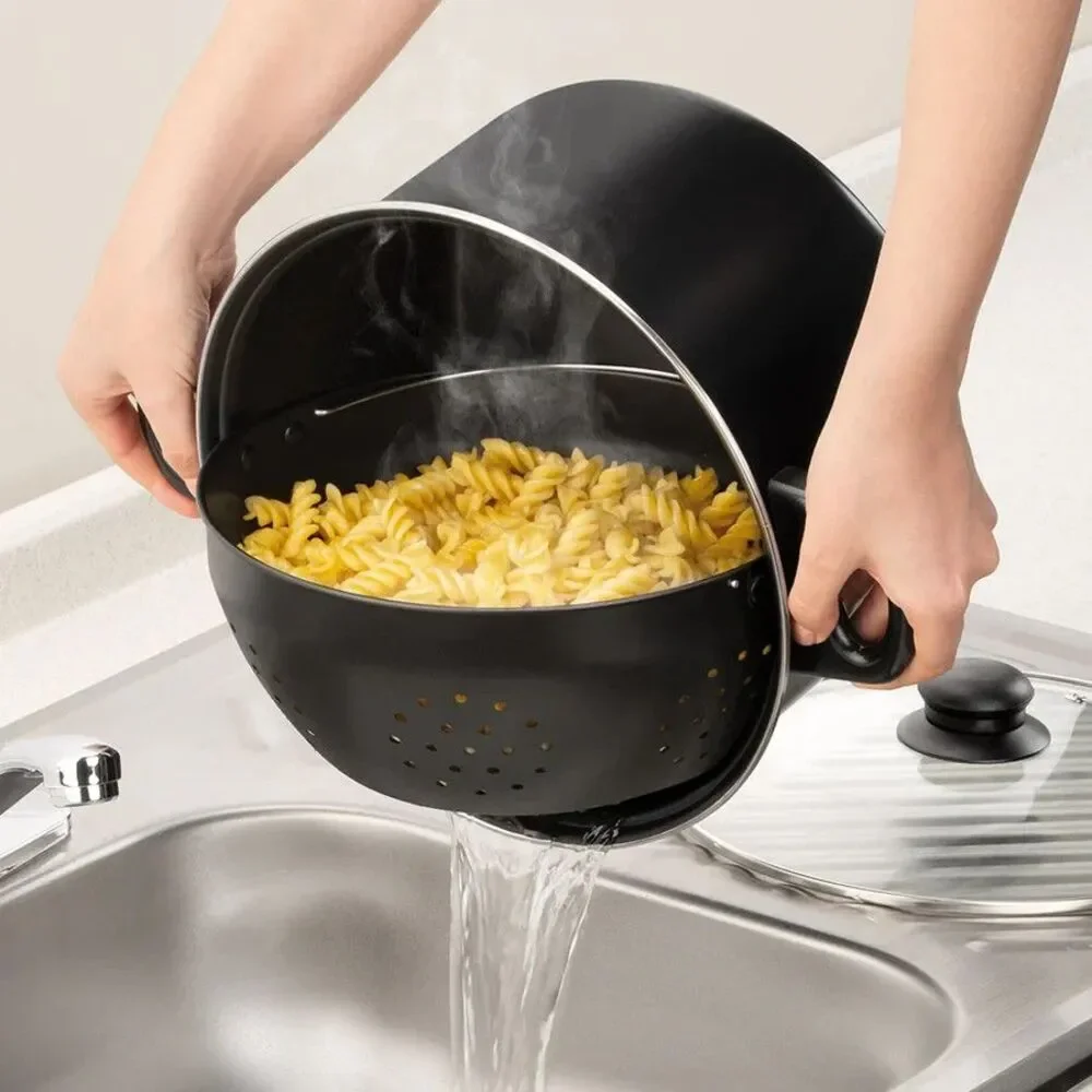 Easy Strain Pot Tilt Non-Stick Cookware 3-pc Black Clear Steam Release Lid NEW